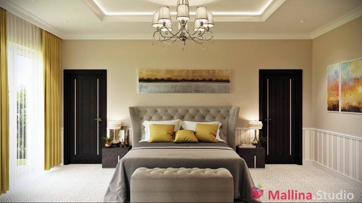 красивый интерьер спальни с элементами желтого цвета