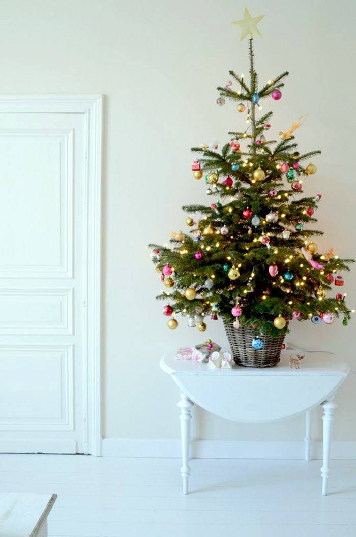 маленькая новогодняя елка украшена разноцветными шарами