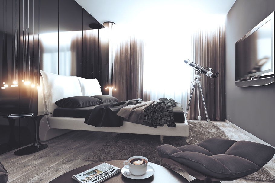 Спальня в чёрно-белых тонах в квартире для успешного холостяка в России