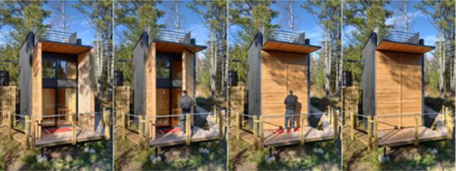 Дизайн дома из контейнеров: распашные деревянные двери