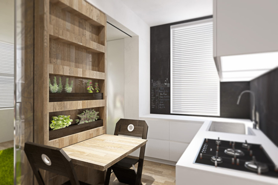 Дизайн квартиры трансформер: стеллаж с растениями на кухне