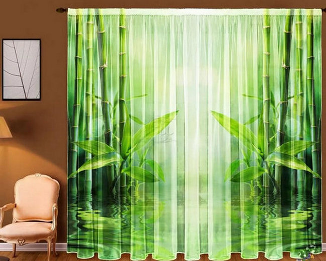 зеленый тюль с изображением бамбука