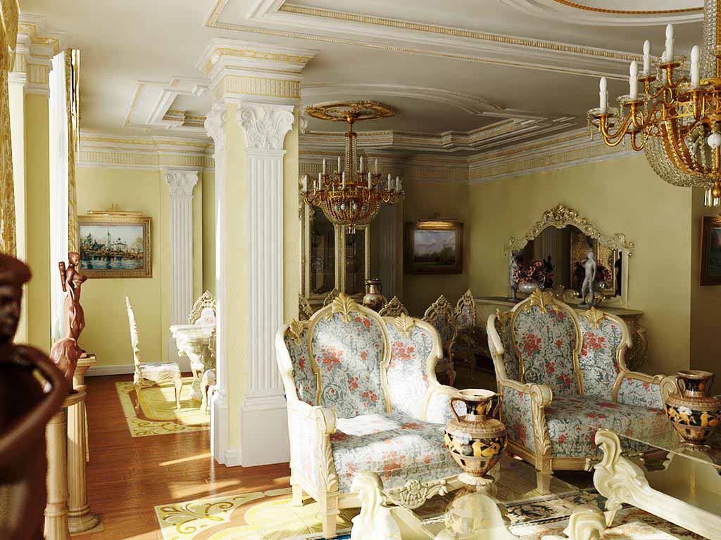 Гостиная в стиле барокко с правильно подобранным освещением. Интересны так же колонны с керамической лепкой.
