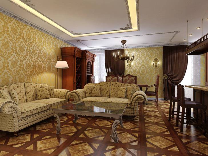 Светлая комната для гостей с контрастной темно-коричневой мебелью из дерева.