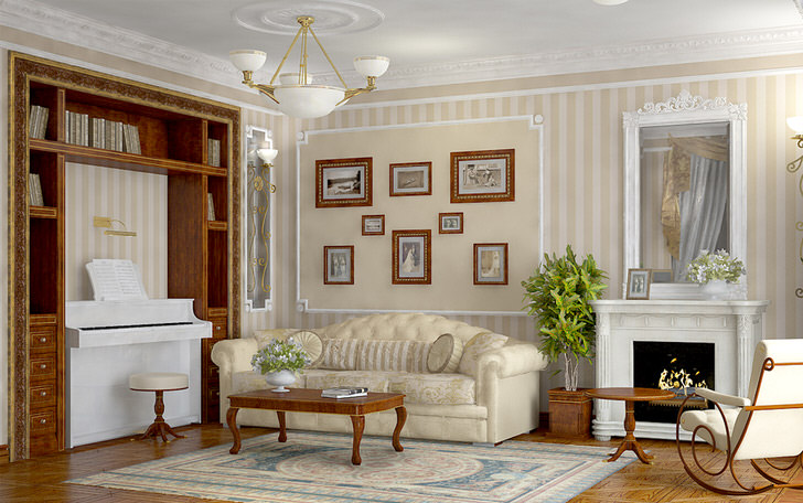 Светлая просторная комната для гостей в классическом французском доме.