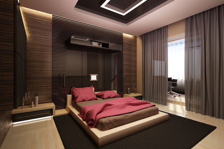 Просторная спальня в стиле минимализм. Смелое дизайнерское решение.