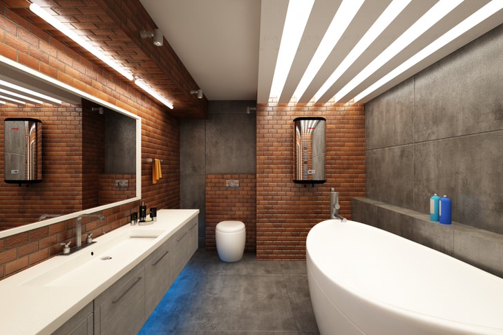 Имитация кирпичной кладки в ванной комнате в стиле лофт гармонично сочетается с белоснежной мебелью.