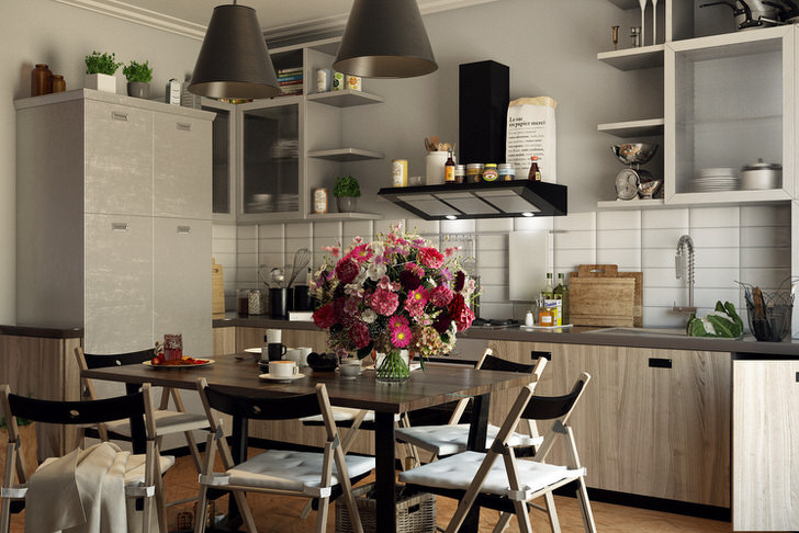 Кухонное пространство оформлено в стиле эклектика. Простоту и скромность мебельного гарнитура дополняют композиции из цветов.