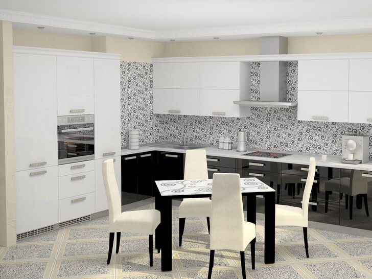Бело-черный кухонный гарнитур в хай-тек стиле со встраиваемой техникой органично смотрится в общей концепции дизайнерской задумки. 