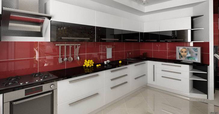 Кухонный гарнитур L-образной формы позволяет сэкономить пространство.