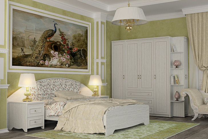 Стильный белый гарнитур создан для спальни в стиле кантри. Примечательной особенностью интерьера становится большая картина.