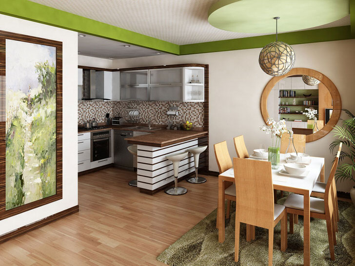 Небольшая кухня объединена с гостиной. Дизайнерское решение в данном случае является обоснованным, поскольку полезного пространства недостаточно для организации двух отдельных комнат.
