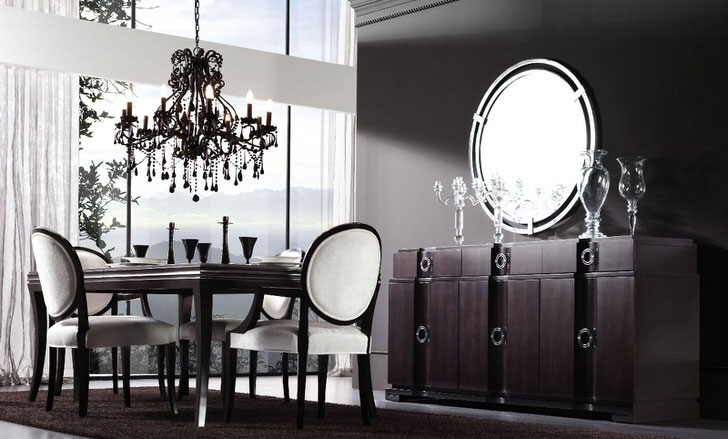В оформлении обеденной комнаты в большей степени используются темные тона коричневого цвета. Стиль арт деко с ярко выраженными контрастами роскошен и элегантен. 