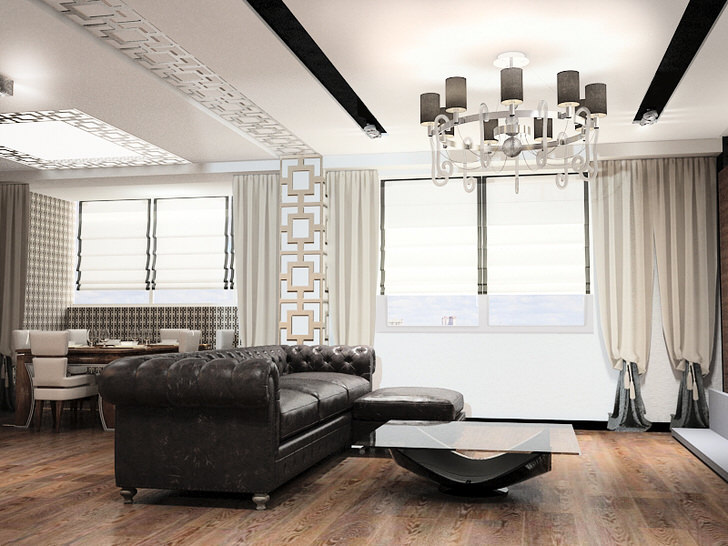 Меблировка в стиле арт деко - это всегда крупногабаритная мебель. Идеально для оформления гостиной в данной стилистической концепции подходит кожаный диван со стеганой обивкой. 