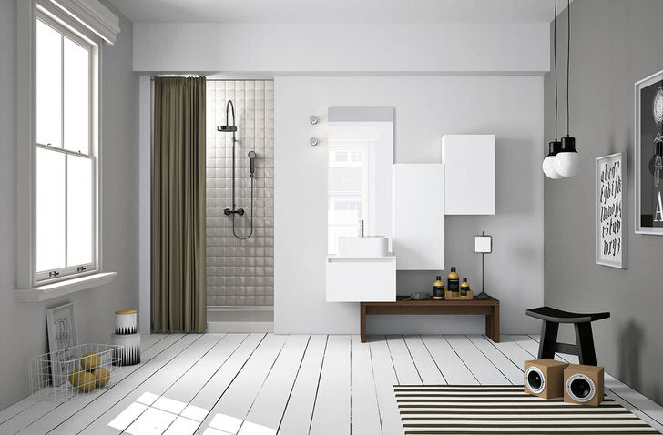 В интерьере ванной комнаты в скандинавском стиле особенно привлекательно смотрится дощетчатый пол. 