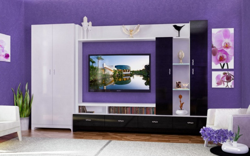 Фиолетовая глянцевая мебель для гостиной