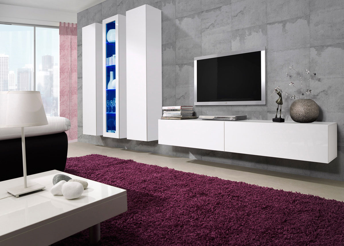 Практичная и современная мебель для гостиной с глянцевой поверхностью