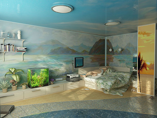 Аквариум отлично дополняет морской стиль комнаты