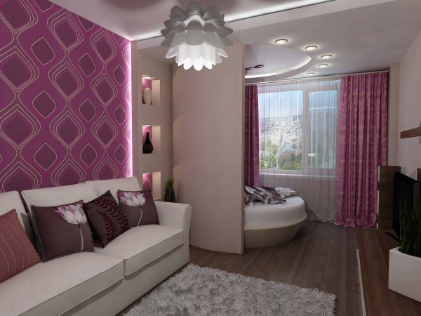 Дизайн спальни-гостиной, расположенной в одной комнате, общая площадь которой равна 15 кв. м.