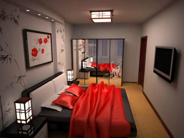 Интерьер спальни 15 кв м в восточном стиле, где красный цвет использован как вспомогательный, а не как основной.
