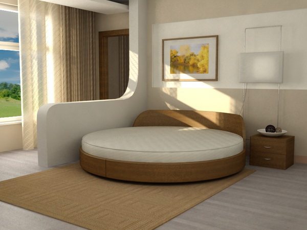 Круглая кровать в спальне, соединенной с балконом