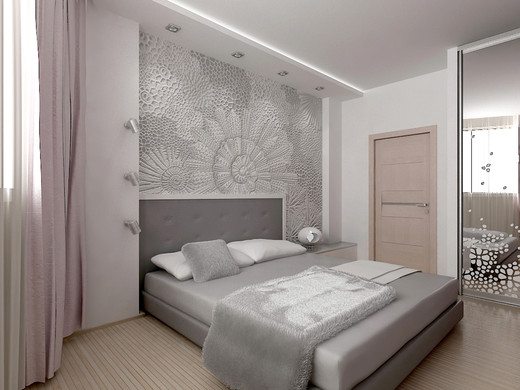 На фото серые обои в интерьере спальни в сочетании с окрашенными стенами.