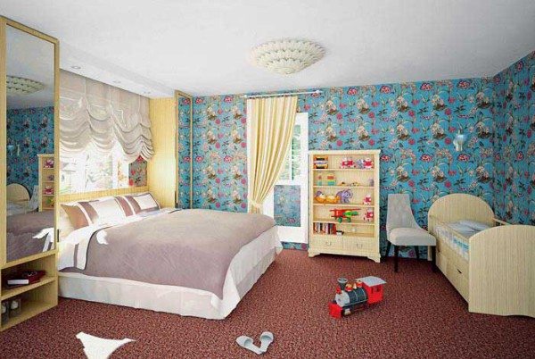Пример планировки комнаты с детским уголком и родительской кроватью.
