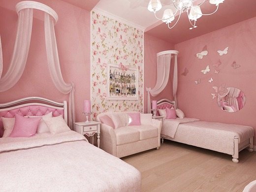 Романтичная спальня в розовых тонах, с роскошной обивкой и легкими балдахинами над кроватями