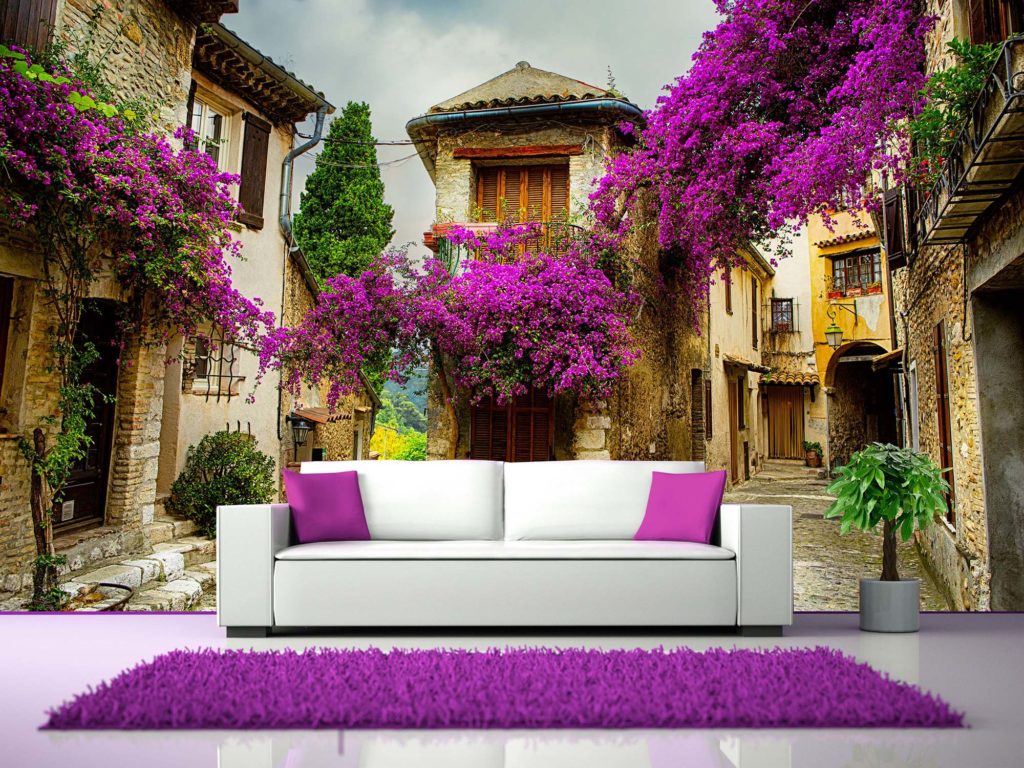 Панорамные 3d обои с домами и цветами