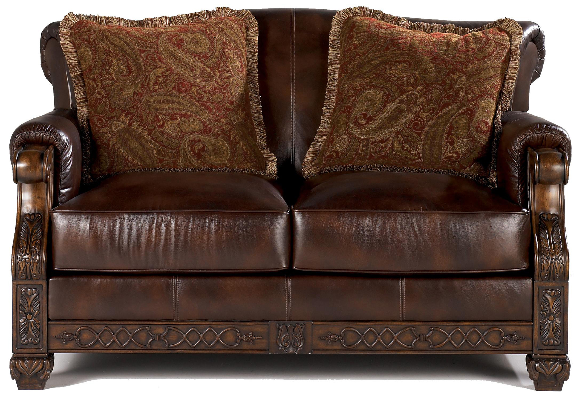 Кожаный диван с резным деревянным декором