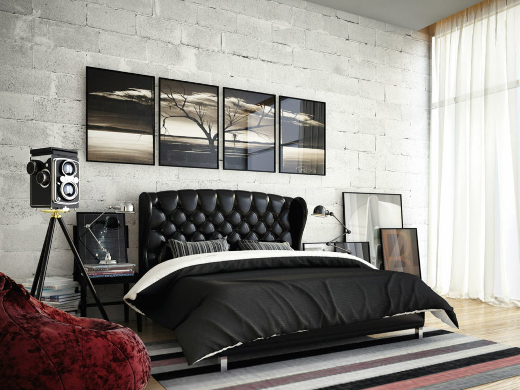 Черно-белая спальня в стиле лофт