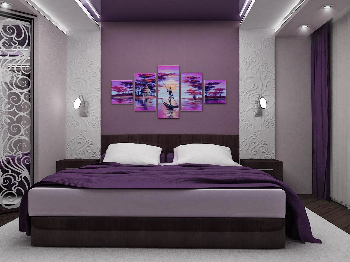 Сочетание фиолетового, коричневого и белого в интерьере спальни