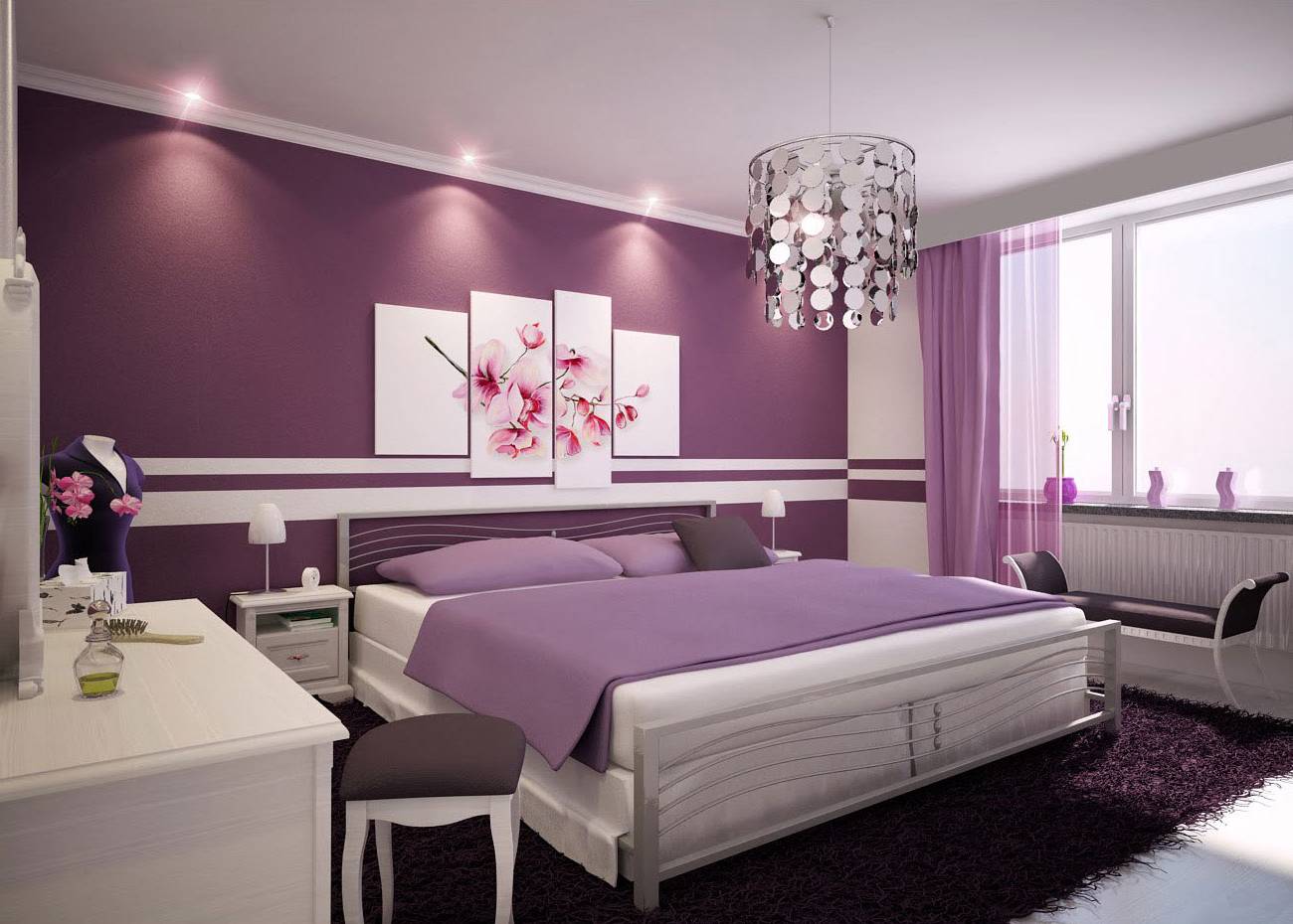 Фиолетово-белая спальня