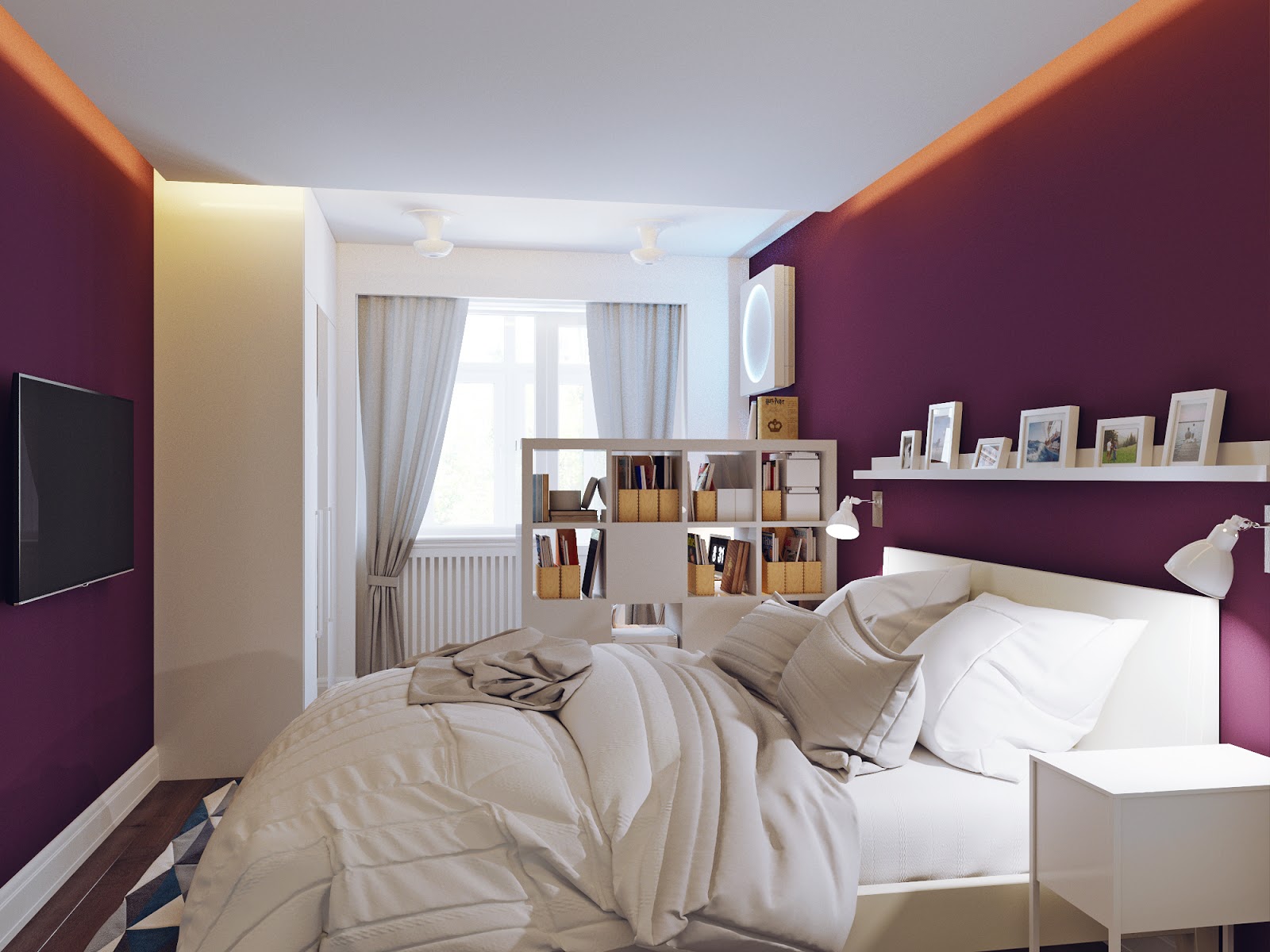 Спальня с фиолетовыми и белыми стенами