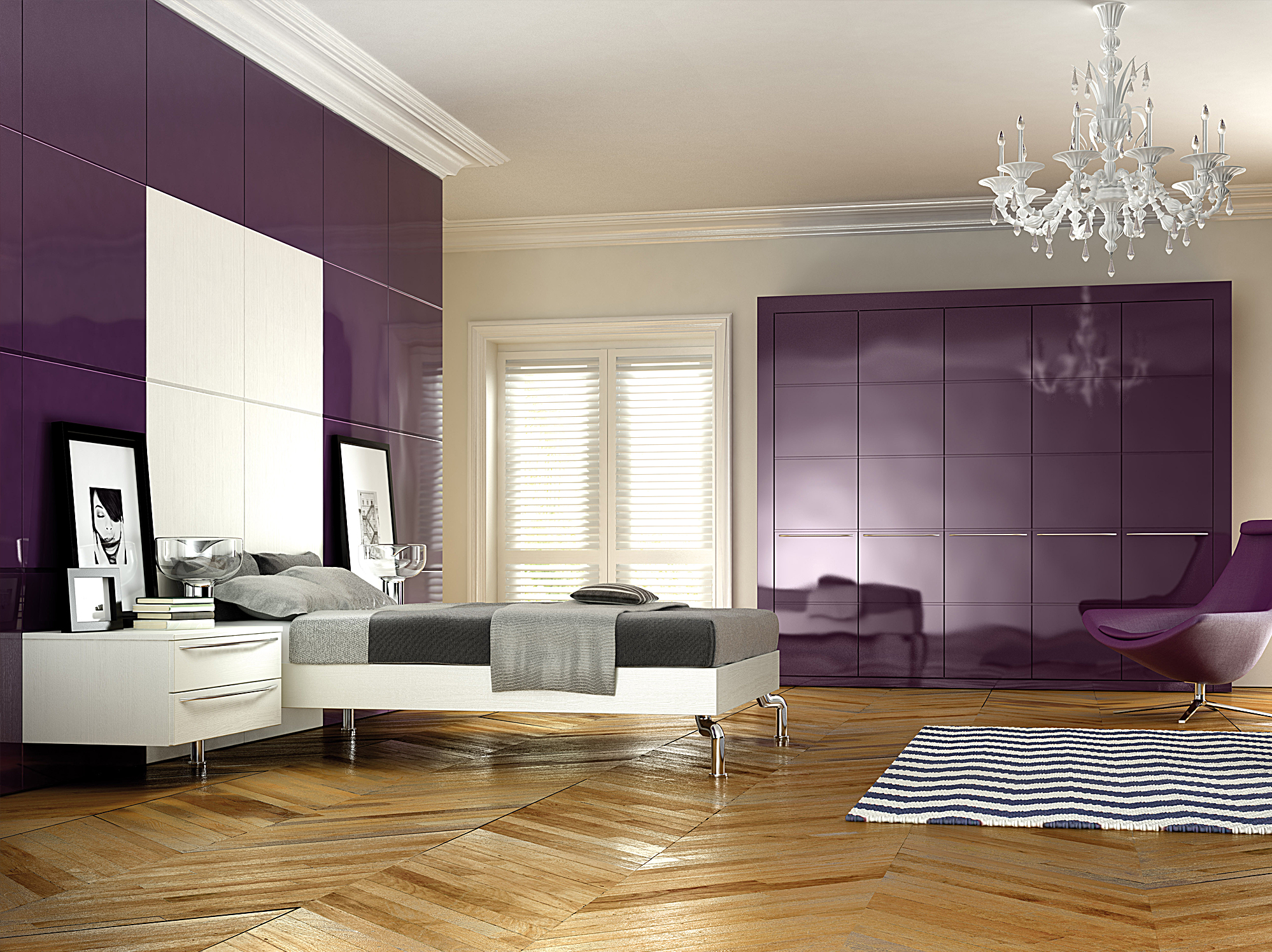 Фиолетовые стены и мебель в спальне как акценты