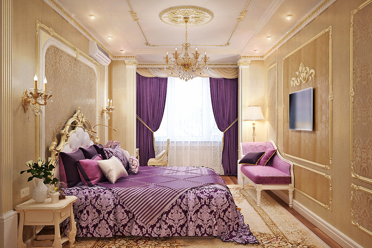Фиолетовый и розовый цвета в золотистой классической спальне