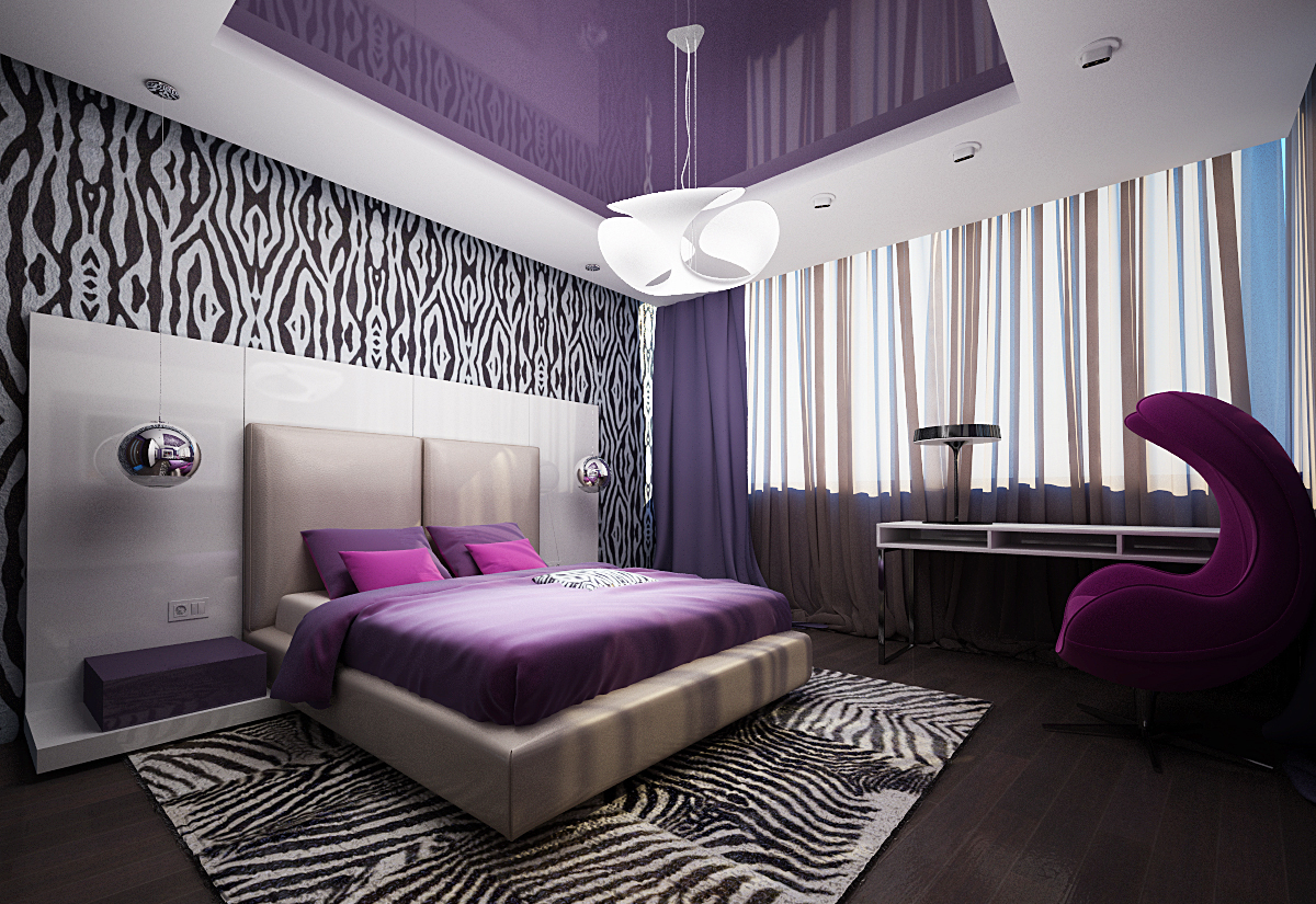 Сочетание фиолетового, черного и белого цветов в спальне