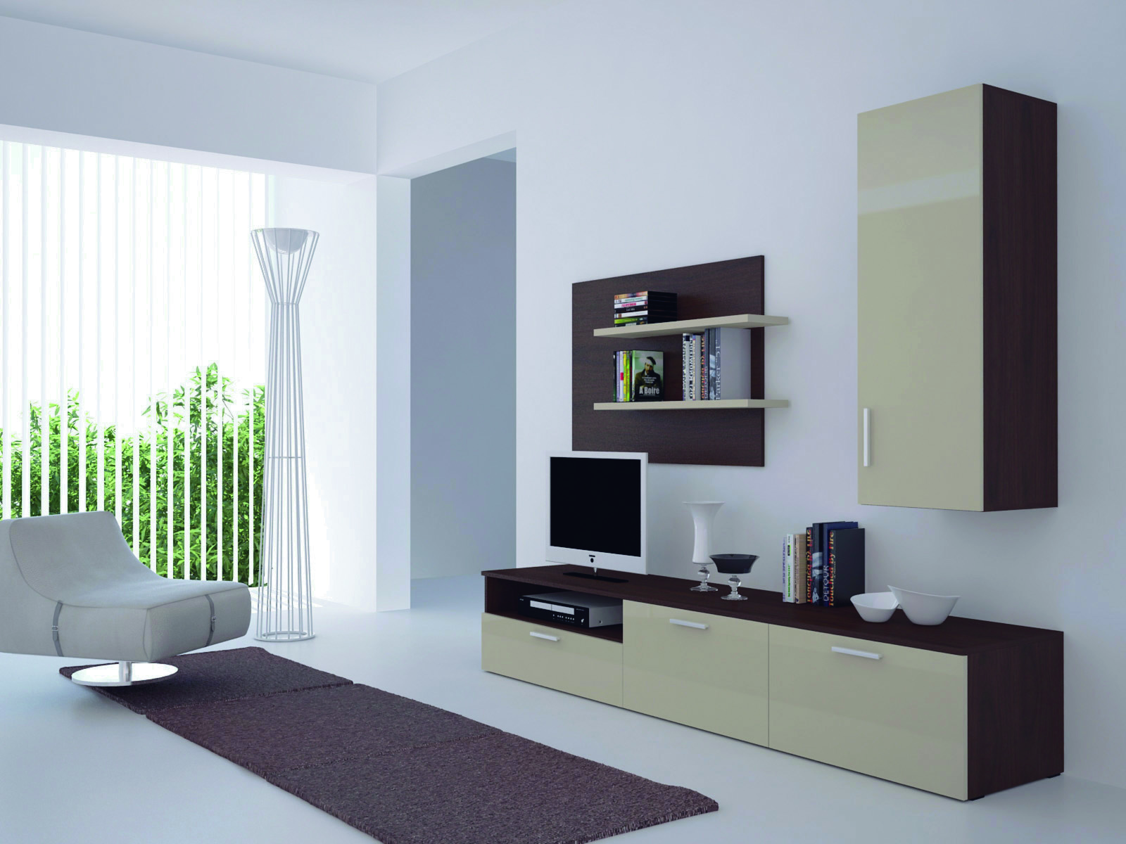 Белый, бежевый и коричневый цвета в интерьере гостиной в стиле минимализм