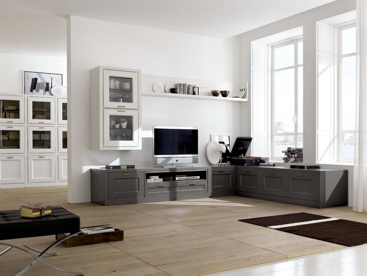 Белый, серый и коричневый цвета в интерьере современной гостиной