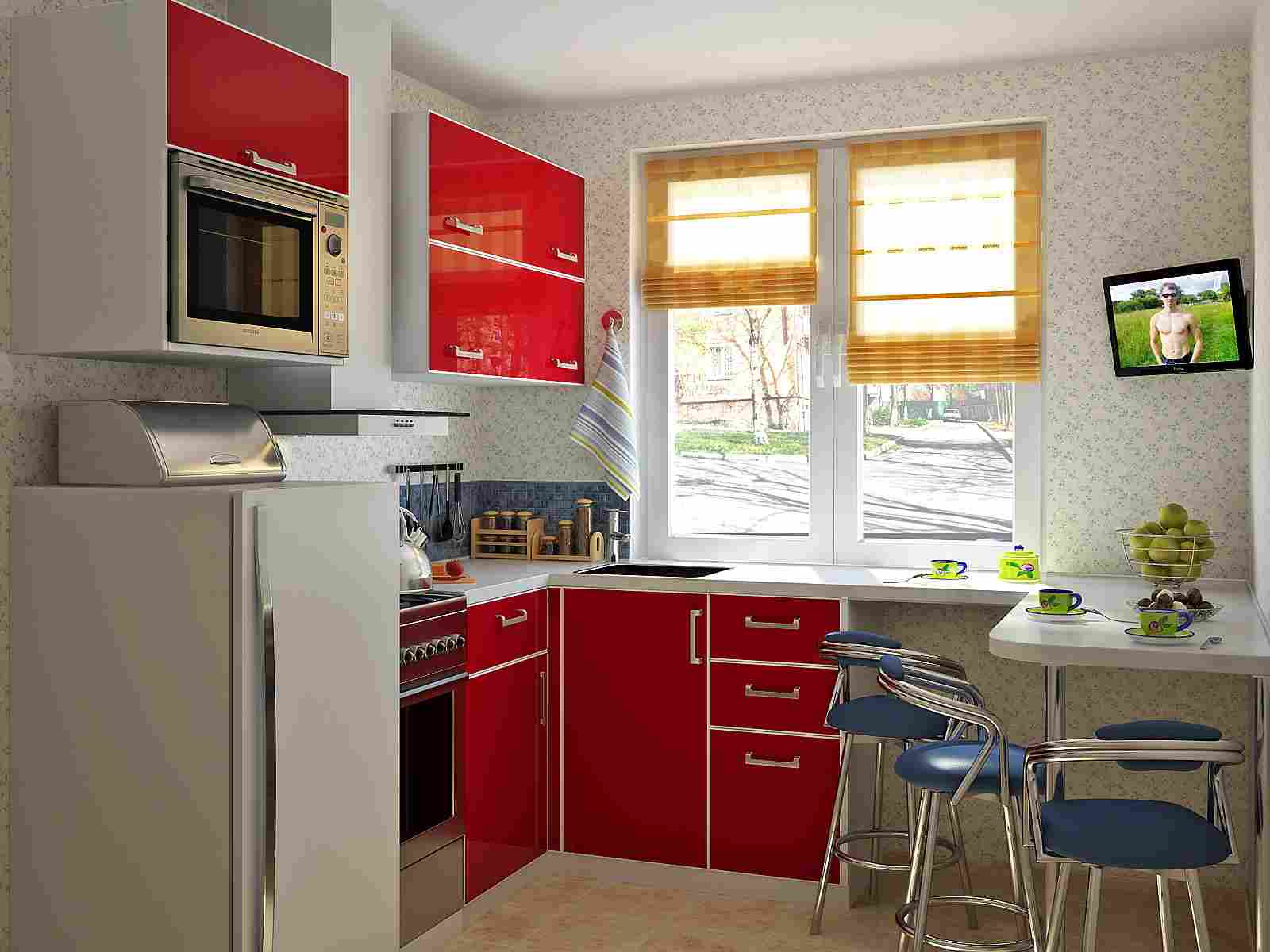 Угловой красно-белый небольшой кухонный гарнитур