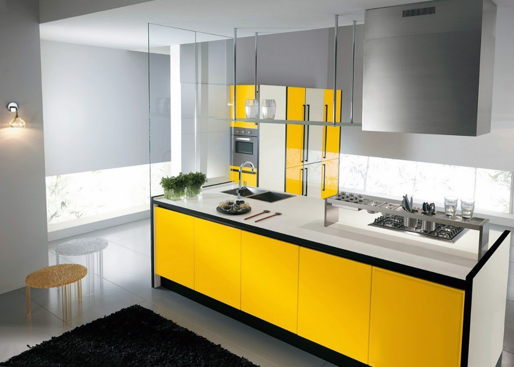 Черный, желтый, белый и серый цвета в интерьере кухни