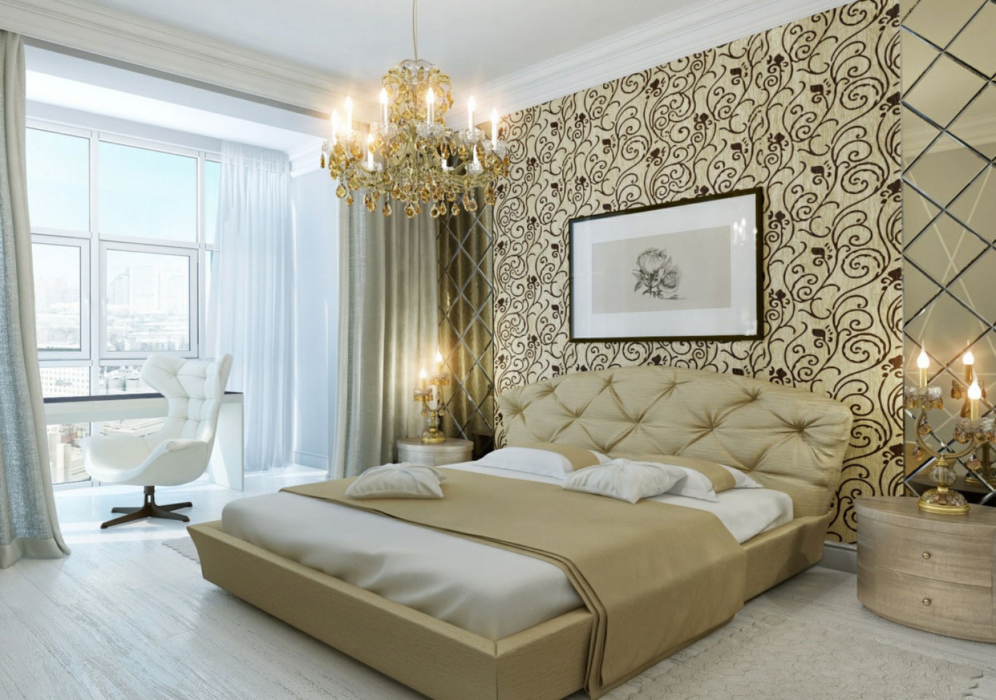 Классическая спальня с люстрой и прикроватными лампами