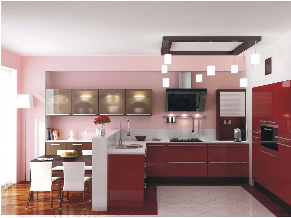Розовые и белые стены на кухне