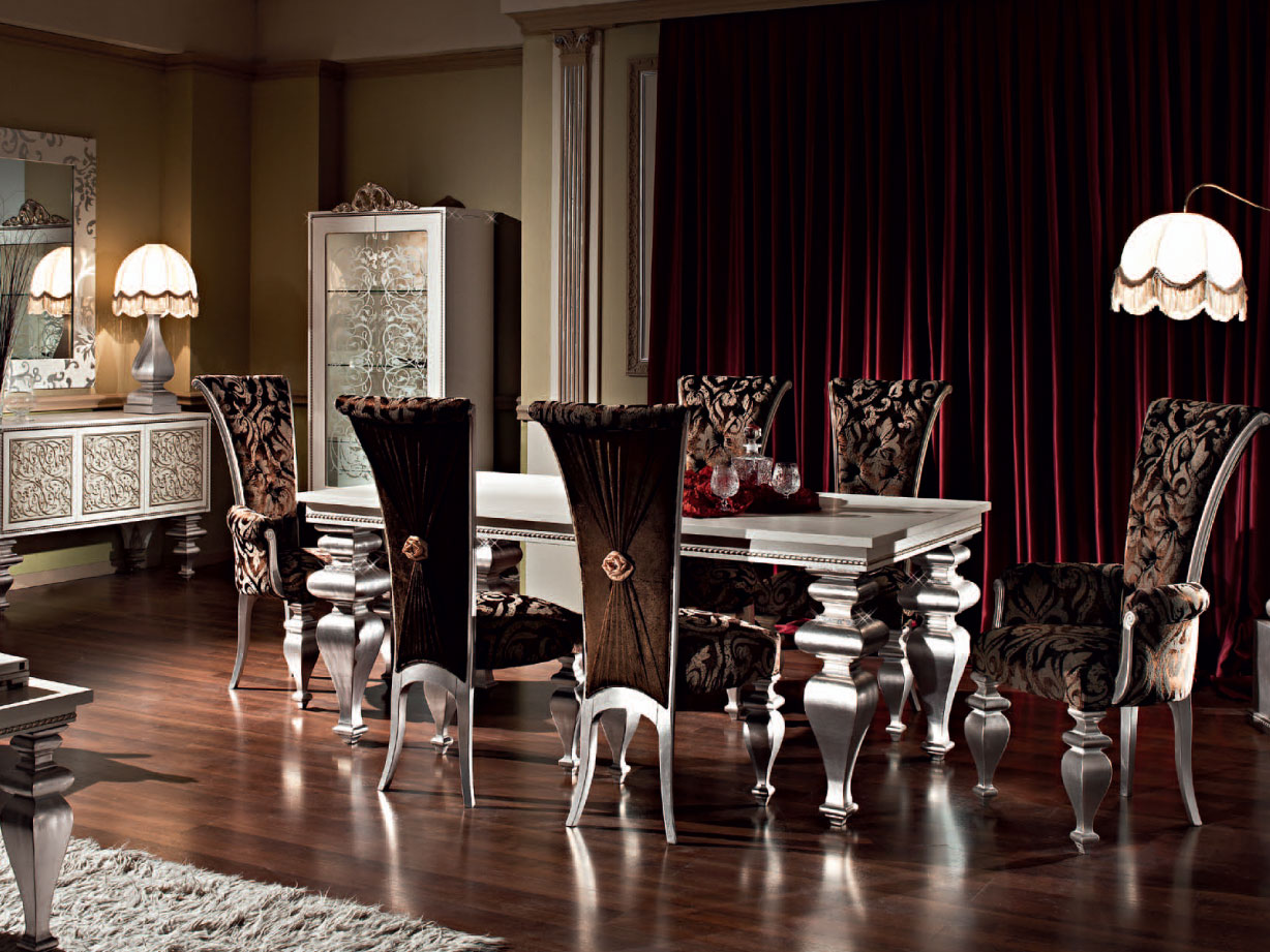Серебристо-коричневая мебель в столовой в стиле арт-деко