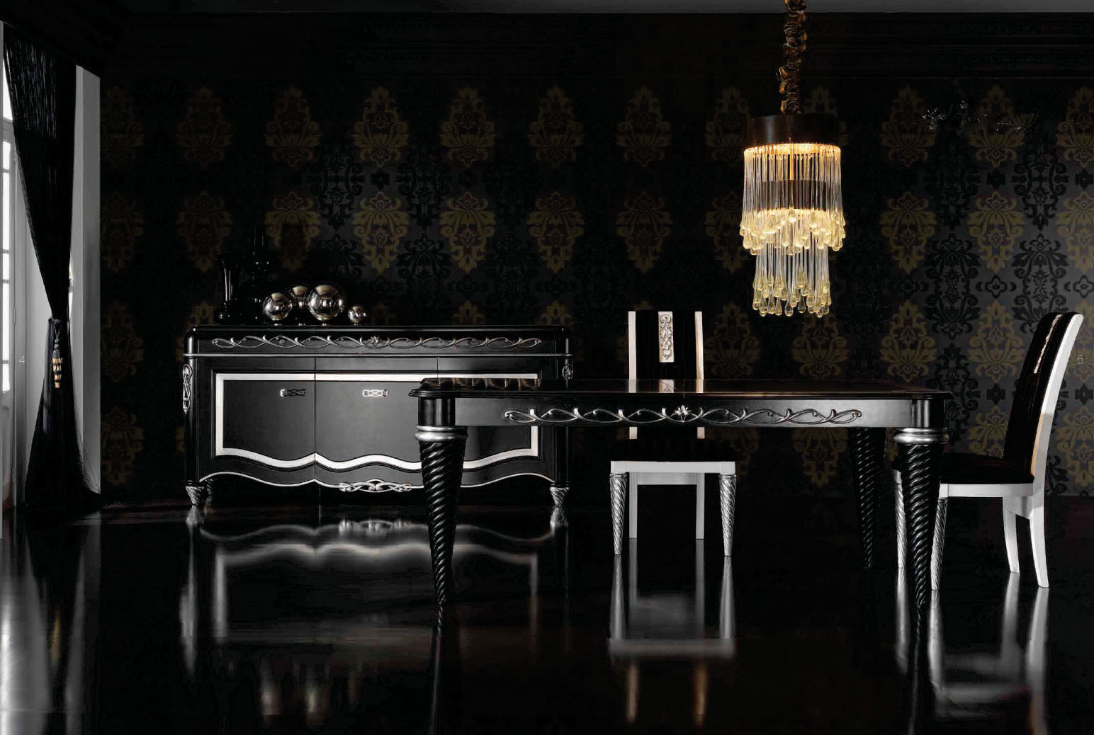 Серебристо-черная мебель в столовой в стиле арт-деко