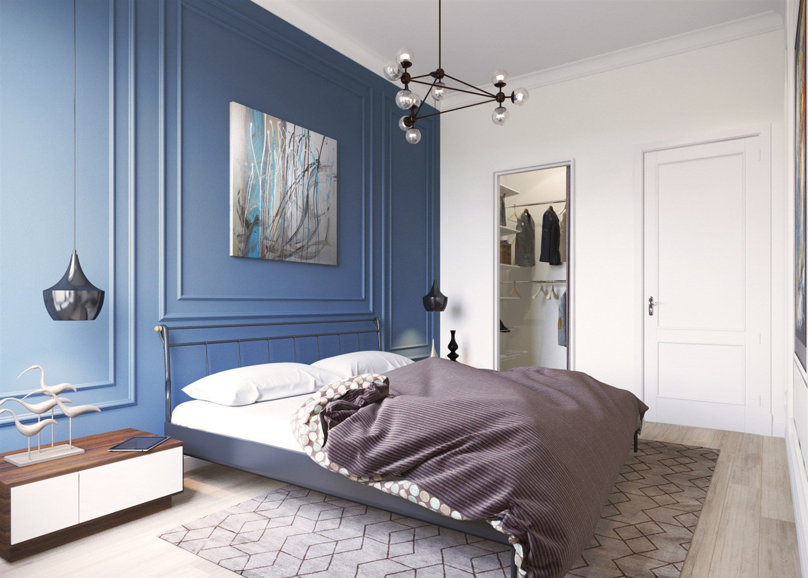Голубая стена в спальне