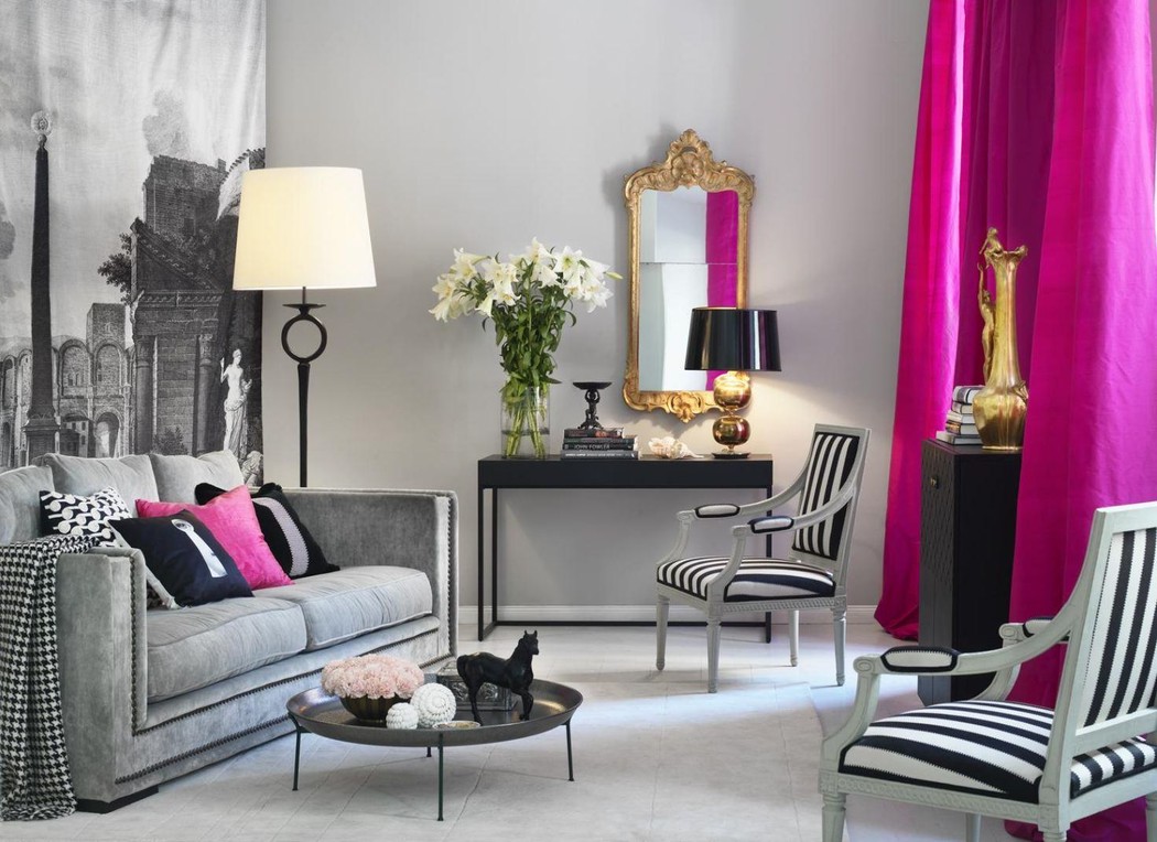 Розово-серая мебель и акценты в гостиной