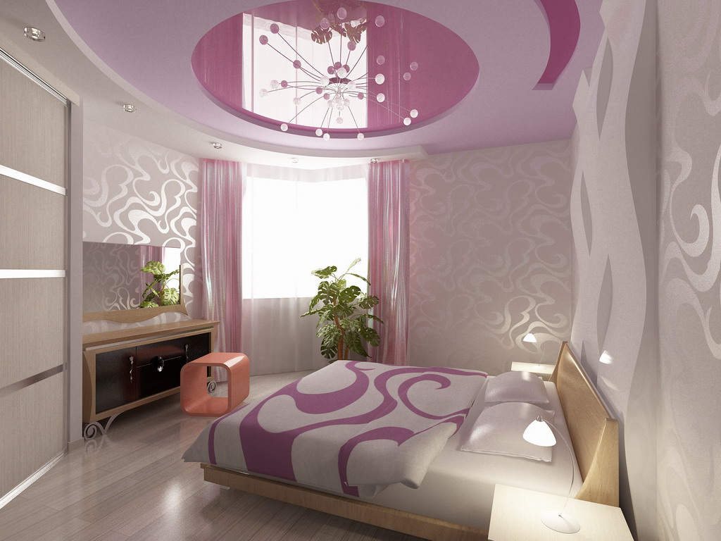 Розовый натяжной потолок в спальне