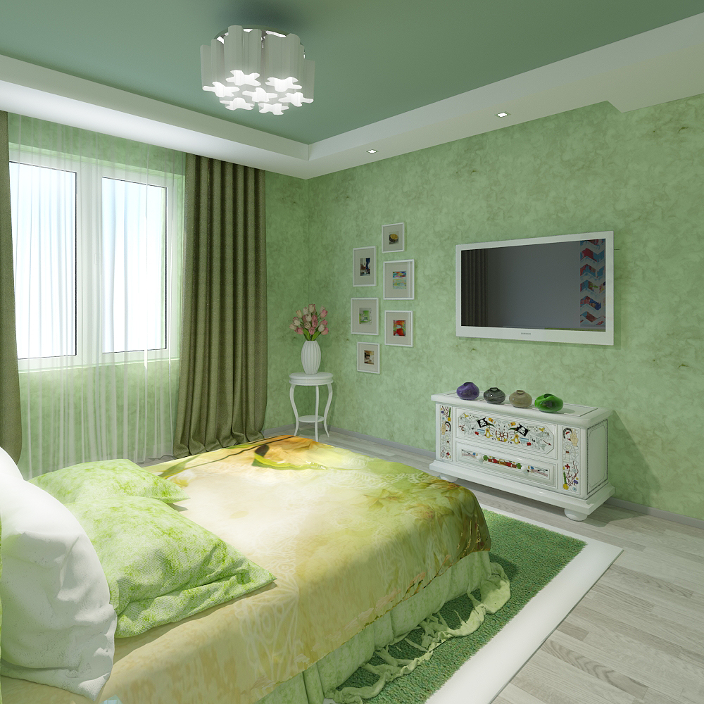 Зеленый натяжной потолок в спальне