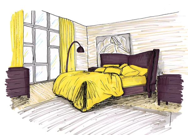 Графический эскиз интерьера спальни — стоковое фото